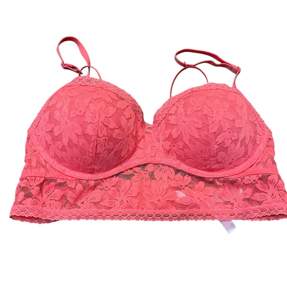 Pink by Victoria's Secret size small Lace Bralette in Coral Pink padded EUC